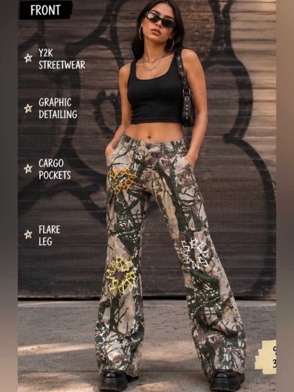 🔥 Smoke Rise RED Camo Cargo Flare Jeans – Size Medium – Y2K Streetwear Graphic
